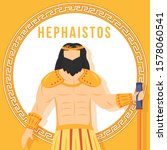 Hephaistos orange social media post mockup. Ancient Greek god. Mythological figure. Web banner design template. Social media booster, content layout. Poster, printable card with flat illustrations