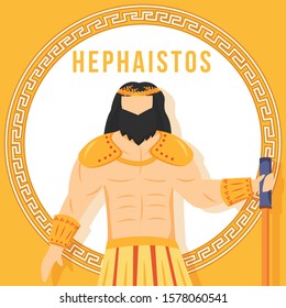 Hephaistos orange social media post mockup. Ancient Greek god. Mythological figure. Web banner design template. Social media booster, content layout. Poster, printable card with flat illustrations