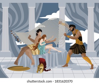 hephaustus throwing a net over aphrodite and ares in bed
