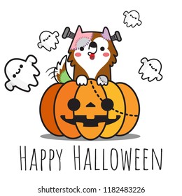 Heppy Halloween with dog on Jack-o-lantern pumpkin and cute ghosts flying around.Vector illustration.