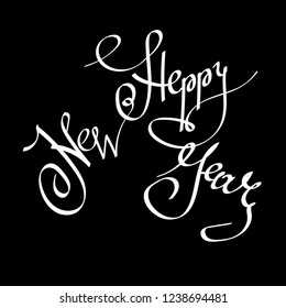 Heppy New Year hand drawn calligraphy phrase on black background. Brush pen lettering. Cute design for Christmas greeting card mockup, clip art, gift wrapping paper.Vector Illustration.