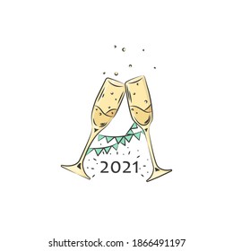 Heppy New Year. Party banner design. 2021 with wineglass champagne  in hand drawn style. Vector flat illustration 