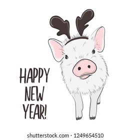 Heppy pig with horns illustration. New year 2019 decoration. Cool cartoon domestic farm animal with greeting text