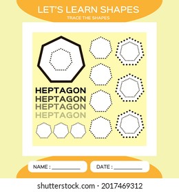 Heptagon. Basic geometric shapes. Elements for children. Learn Shapes. Handwriting practice. Trace and write. Educational children game. Kids activity printable sheet. Yellow Background.