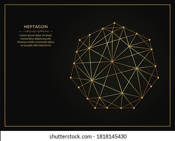 Heptagon golden abstract illustration on dark background. Geometric shape polygonal template made from lines and dots.