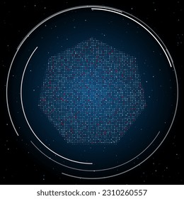 The heptagon symbol filled with white dots. Pointillism style. Some dots is red. Vector illustration on blue background with stars