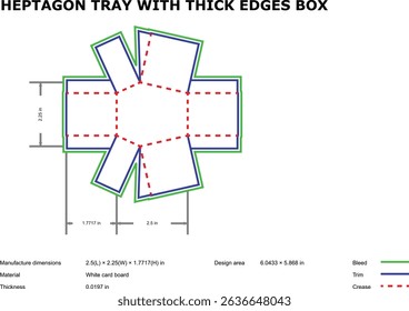 Heptagon tray packaging design template with dimensions for cardboard box production
