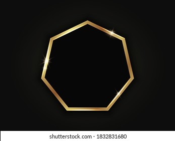 Heptagonal golden sparkling frame isolated on a black background.