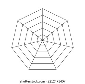 Heptagonal radar spider diagram template. Heptagon graph. Flat spider mesh. Blank seven sided radar chart. Kiviat diagram for statistic and analitic. Vector illustration isolated on white background.