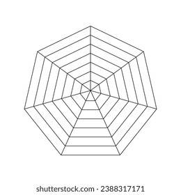 Heptagonal radar. Spider diagram template. Heptagon graph. Flat spider mesh. Diagram for statistic, analytic. Blank seven sided radar chart. Coaching tool. Vector graphic illustration.