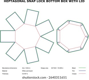 Heptagonal snap lock bottom box with lid template die-cut design