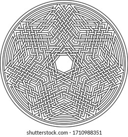 Heptagram vector pattern with circular circle and geometric background inside huge heptadecagon circle with symetrical lining vector