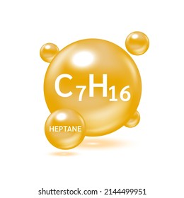 Heptane gas molecule models and Physical chemical formulas. Natural gas combustible gaseous fuel. Ecology and biochemistry science concept. Isolated on white background. 3D Vector Illustration.
