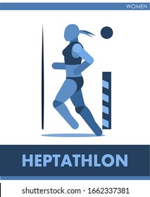 Heptathlon pictogram. Woman competes in seven events. Icon of sportswoman track and field. Women or girls athletics. Run. International female summer sports. Symbolic image. Vector