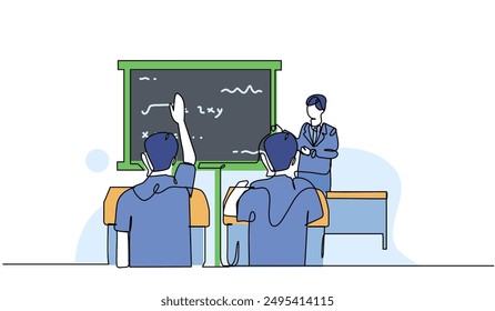 her is giving an explanation. Modern flat in continuous line style.