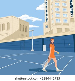 Her hobby is tennis -a woman practicing tennis in the city center