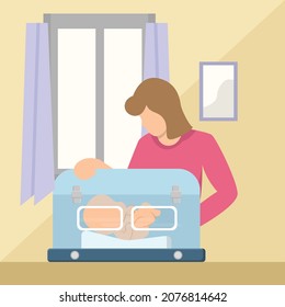  Her mother check little newborn baby inside medical intensive care unit incubator box. Child care clinic. Vector colorful illustration.