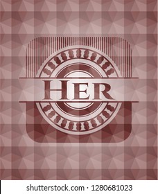 Her red seamless emblem or badge with abstract geometric pattern background.