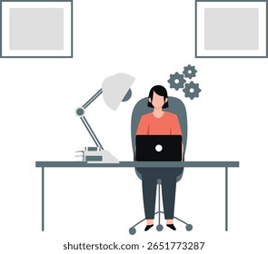 Em seu local de trabalho, uma menina focada meticulosamente define engrenagens, concentrando-se na precisão e eficiência.