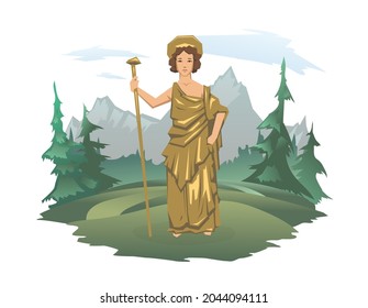 Hera, ancient Greek goddess of Marriage, Mothers and Families. Ancient Greece mythology. Forest and mountain landscape in the background. Vector illustration isolated on white.