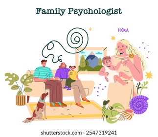 Hera Family Psychologist concept. A diverse family interacts with a modern representation of Hera symbolizing guidance. Emotional well-being in a homely setting. Vector illustration.