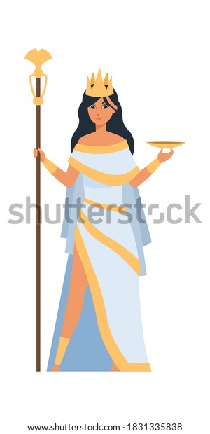 Hera Greek goddess. Cartoon ancient\
mythology character. Cute woman in white dress, gold crown and\
regalia. Carnival costume, festive clothes. Member of pantheon,\
vector Olympian god flat\
illustration