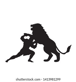 Heracles fights lion predator silhouette mythology fantasy. Vector illustration.