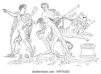 Heracles and Hermes / vintage illustration from Meyers Konversations-Lexikon 1897