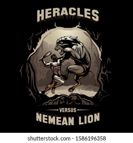 Heracles and the Nemean Lion vector illustration can be used for poster, tshirt print or any other purpose.