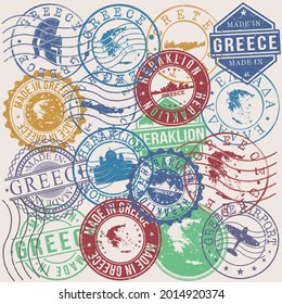 Heraklion, Greece Set of Stamps. Travel Stamp. Made In Product. Design Seals Old Style Insignia.