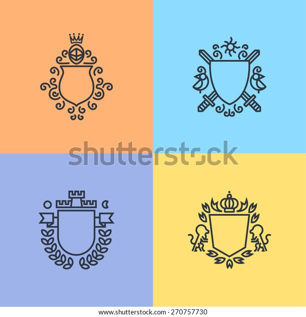 Herald logo template on shields set, armors,\
crowns, lions and other