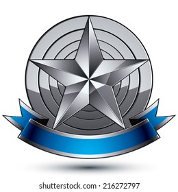 Heraldic 3d glossy blue and gray icon - can be used in web and graphic design, five-pointed silver star placed over rounded magnificent element with elegant ribbon, clear EPS 8 vector.