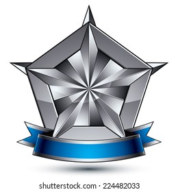 Heraldic 3d glossy blue and gray icon - can be used in web and graphic design, five-pointed silver star placed over shield magnificent element with elegant ribbon, clear EPS 8 vector.