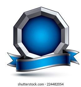 Heraldic 3d glossy blue and gray icon - can be used in web and graphic design, silver ring with blue filling.  Magnificent element with elegant ribbon, clear EPS 8 vector.