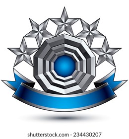Heraldic 3d glossy blue and gray icon - can be used in web and graphic design, five-pointed silver stars placed over rounded magnificent element with elegant ribbon, clear EPS 8 vector.