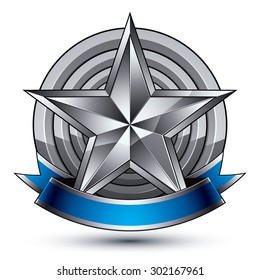 Heraldic 3d glossy blue and gray icon - can be used in web and graphic design, five-pointed silver star placed over rounded magnificent element with elegant ribbon, clear EPS 8 vector.