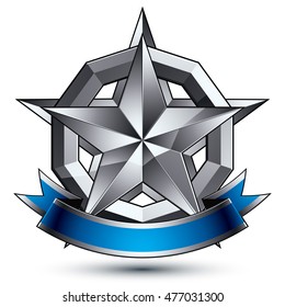 Heraldic 3d glossy blue and gray icon - can be used in web and graphic design, five-pointed silver star placed over rounded magnificent element with elegant ribbon, clear EPS 8 vector.