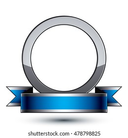 Heraldic 3d glossy blue and gray icon - can be used in web and graphic design, silver ring.  Magnificent element with elegant ribbon, clear EPS 8 vector.