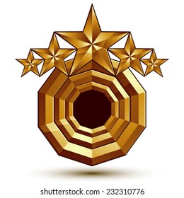 Heraldic 3d glossy icon can be used in web and graphic design, five-pointed golden stars, clear EPS 8 vector.
