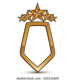 Heraldic 3d glossy icon with copy space, five pentagonal golden stars, clear EPS 8 vector glamorous shield isolated on white background.