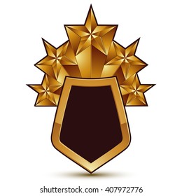 Heraldic 3d glossy icon for use in web and graphic design, pentagonal golden stars, vector. Classic luxury badge.