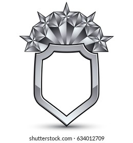 Heraldic 3d glossy icon for use in web and graphic design, pentagonal silver stars, clear EPS 8 vector. Classic luxury badge.