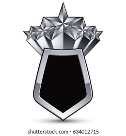 Heraldic 3d glossy icon for use in web and graphic design, pentagonal silver stars, clear EPS 8 vector. Classic luxury badge.