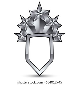 Heraldic 3d glossy icon for use in web and graphic design, pentagonal silver stars, clear EPS 8 vector. Classic luxury badge.