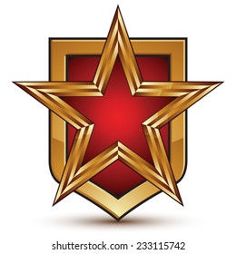 Heraldic 3d glossy shield icon with a golden star, graphic design element, five-pointed star with red filling, clear EPS 8 vector.