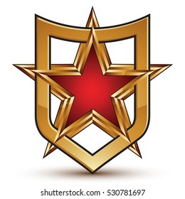 Heraldic 3d glossy shield icon, five-pointed golden star with red filling placed in a shield, clear EPS 8 vector.
