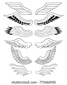 Heraldic angel and demon wings set, vector outline illustration