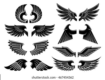 Heraldic angel wings icons with isolated black wings of fallen angels with spiky and curved feathers. Heraldry, tattoo or jewelery design