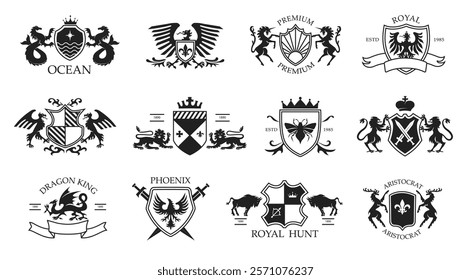 Heraldic animal emblem templates. Elegant coat of arms, noble crest designs with stencil mythical creatures, phoenix bird, royal unicorn, beetle shield, deer and bull vector set.