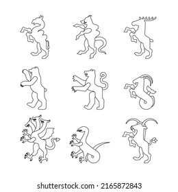 Heraldic animal set linear style. Panther, camel. Goat, Hydra and Enfield. Fox, wolf and Alphyn. Deer, camel and Yale. Salamndra, goat and Amphiptere. Fantastic Beast. Heraldry design element.
